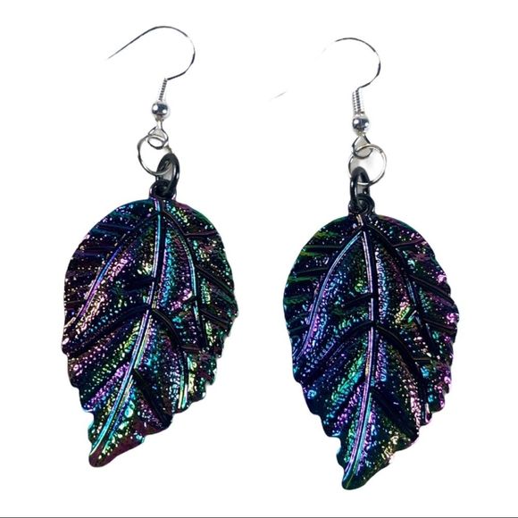 Leaf rainbow holographic colored earrings. So beautiful in the sunlight! - Picture 1 of 4